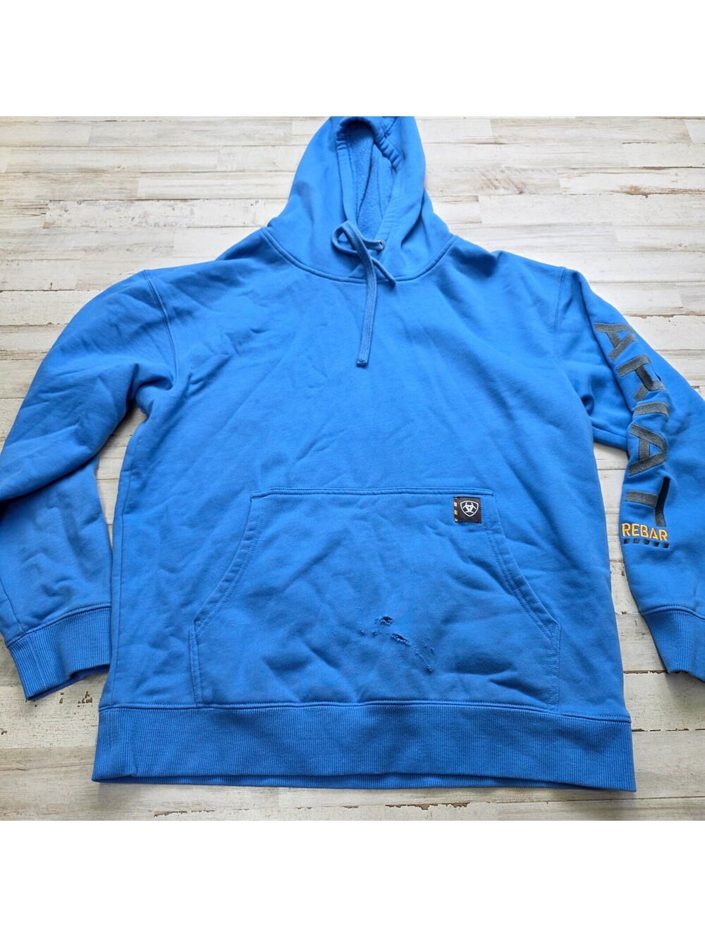 Ariat Rebar Hoodie Men's M Blue Spellout Sleeve Workwear Sweatshirt - distressed
